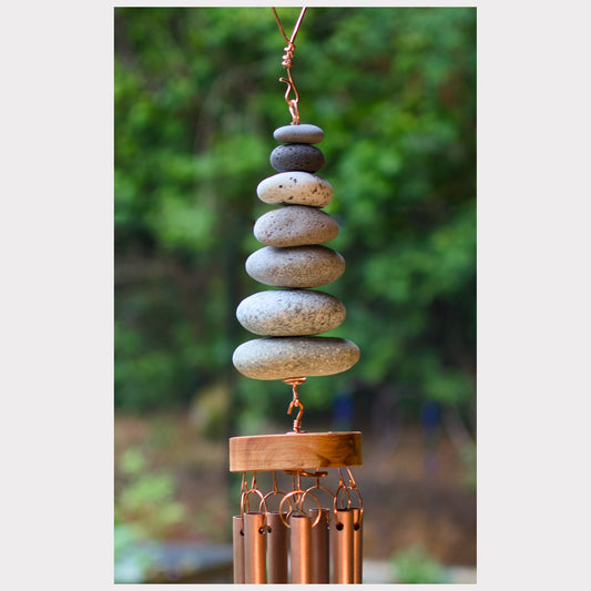 detail, zen wind chime with seven natural beach stones