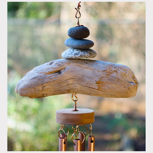 detail, beach stone and driftwood wind chime