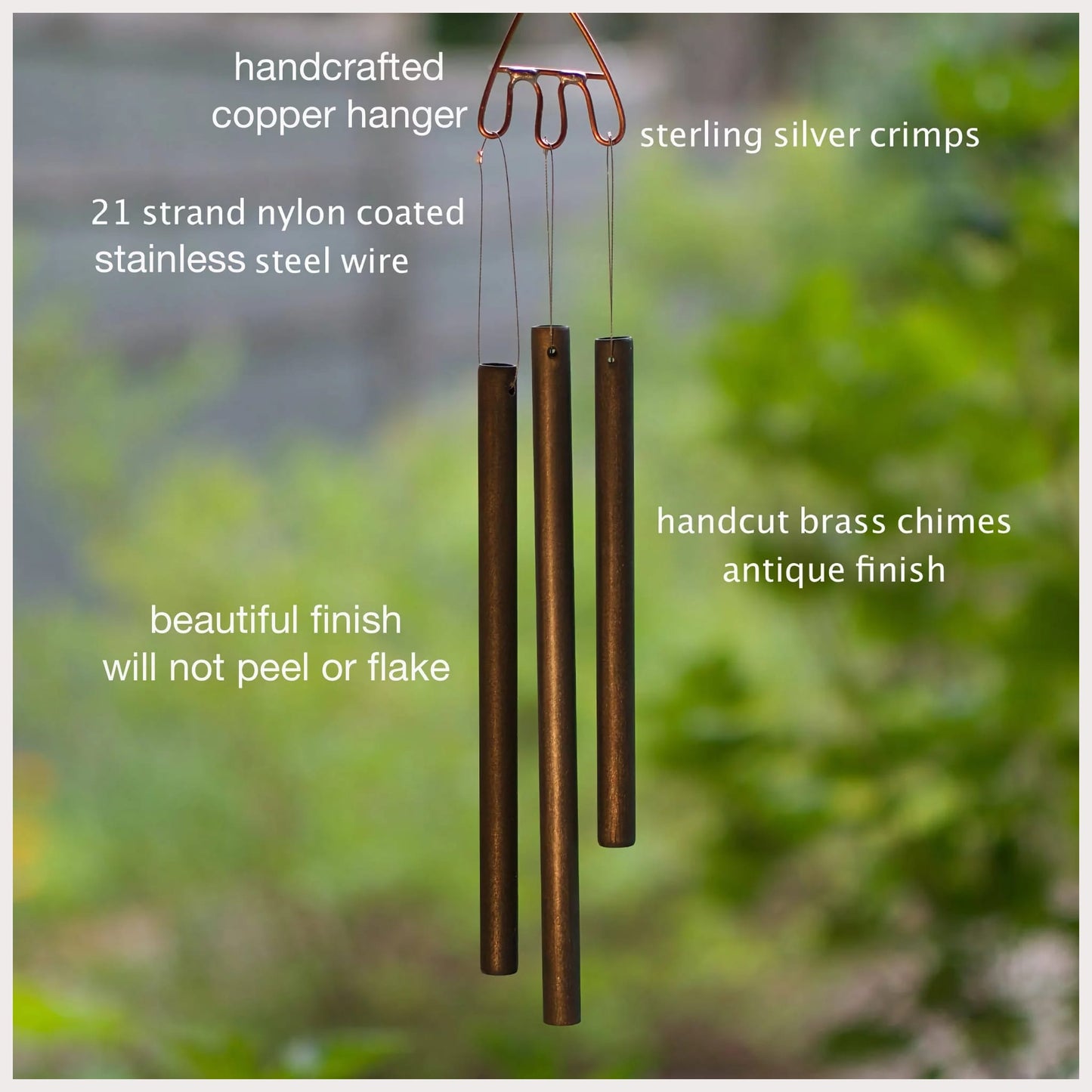 handmade brass chimes, parts labeled 