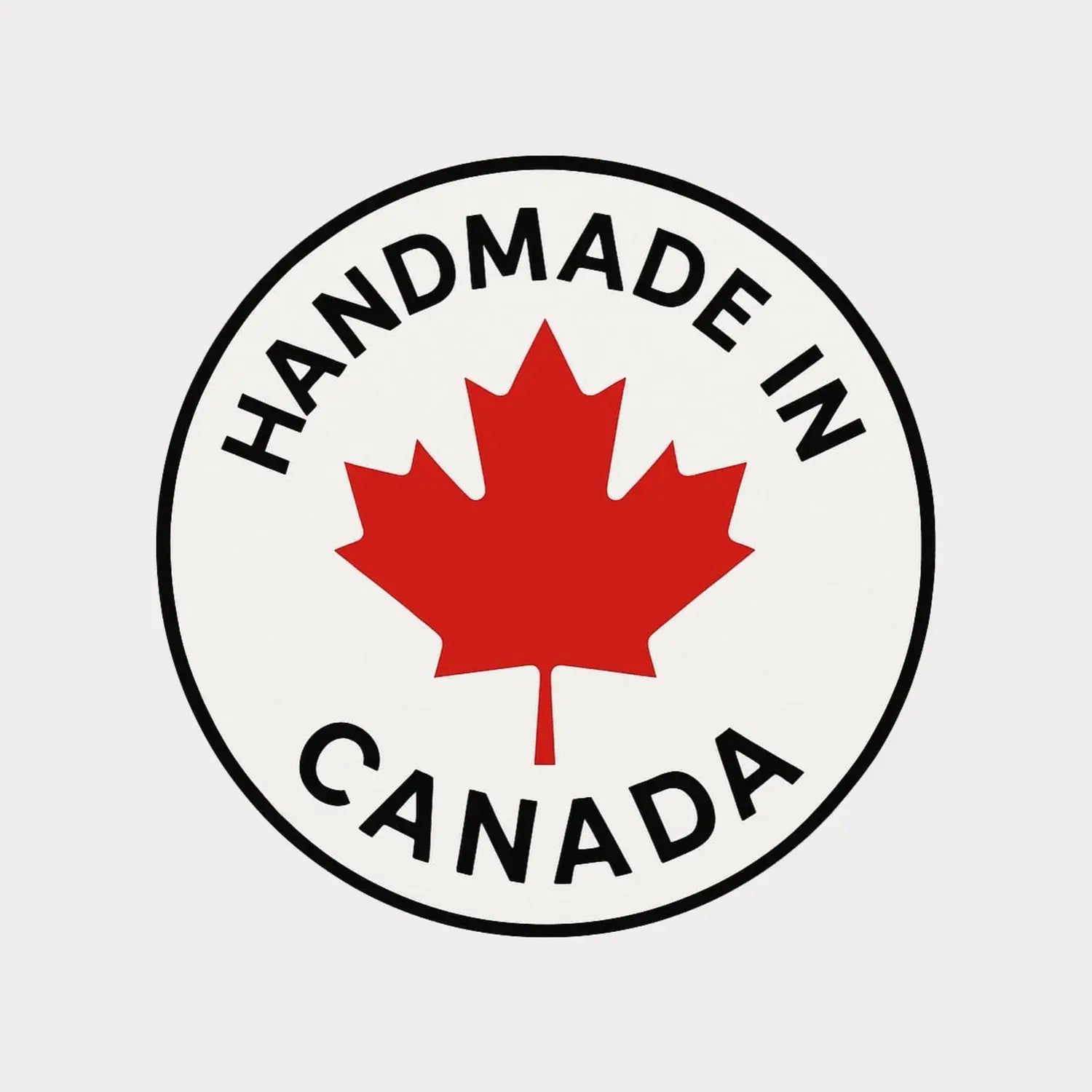 Logo with a red maple leaf and 'Handmade in Canada' text on a light gray background